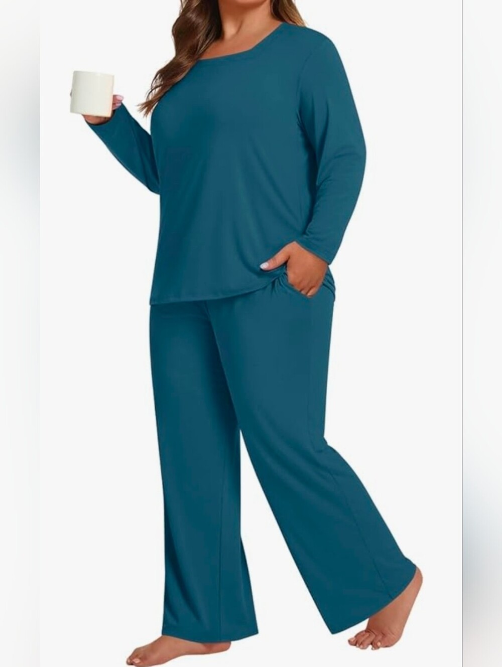 Women's Teal Long Sleeve Square Neck Pajama Set - Comfortable Lounge Top & Pants